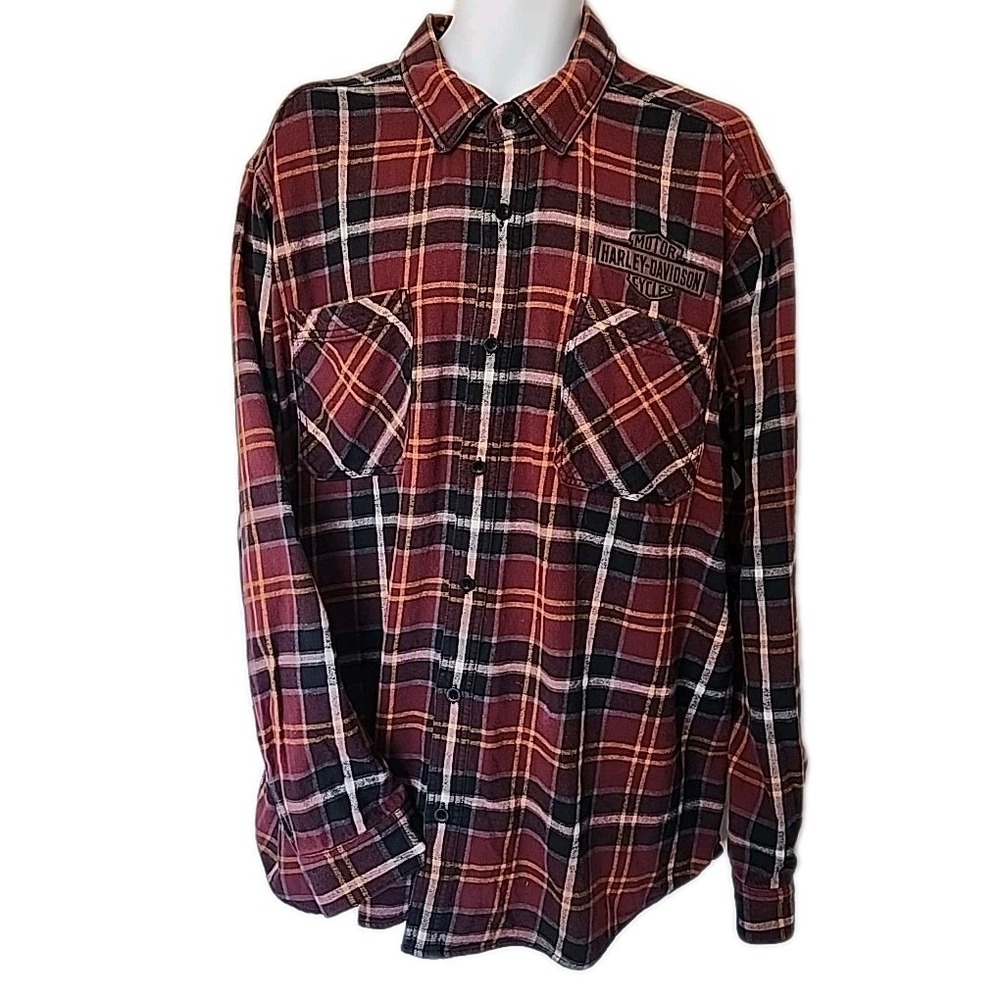 Harley-Davidson Mens 2XL Plaid Flannel Shirt Embroidered Logo Red Black Long Slv